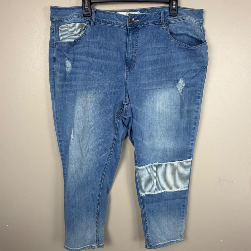 EST. 1946 Denim Women 18W Medium Wash Hickory Stripe Patchwork Cropped Jeans